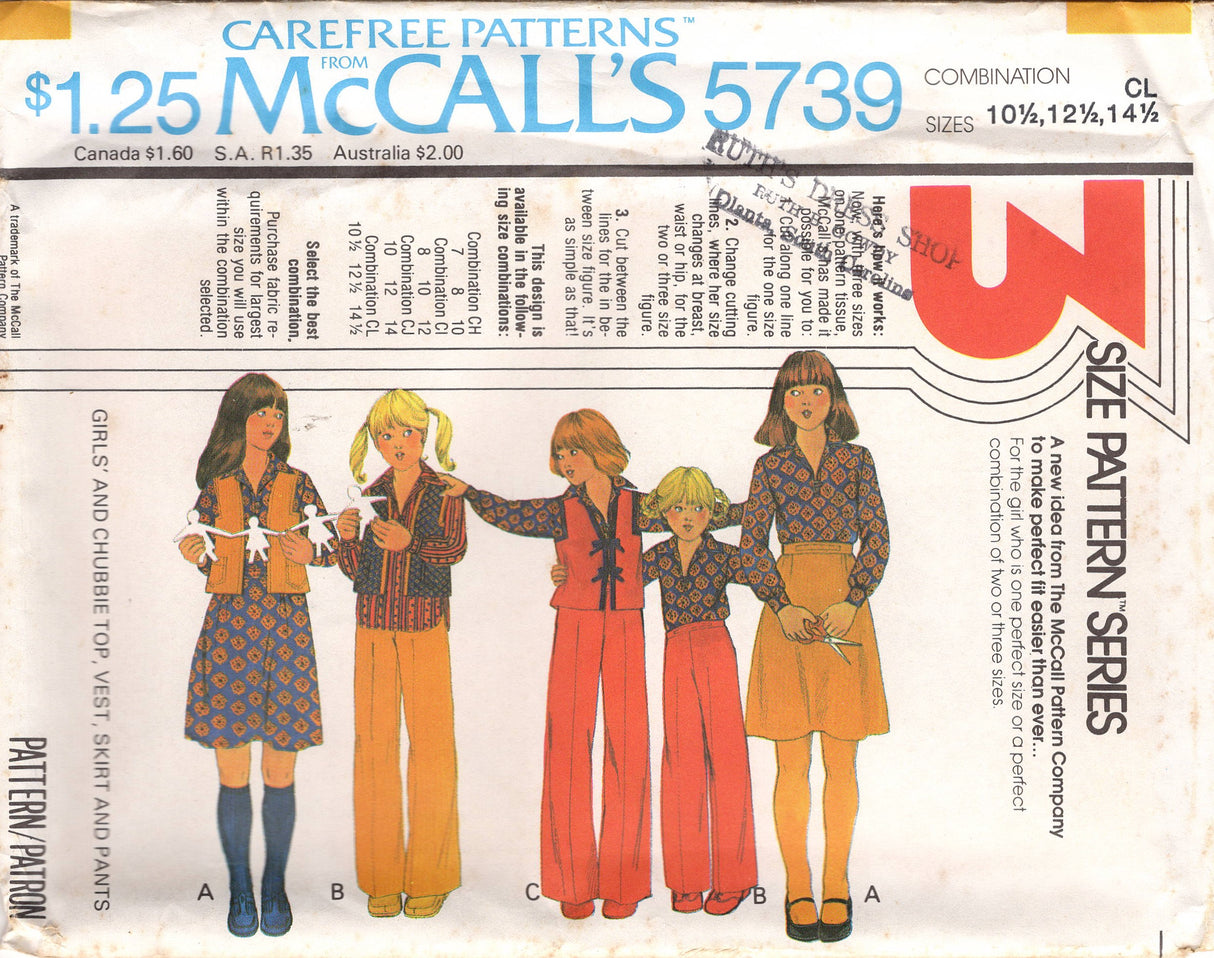 1970's McCall's Child's Top, Vest, A line Skirt, and Pants Pattern - Size 7-14.5 - No. 5739