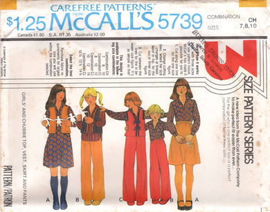 1970's McCall's Child's Top, Vest, A line Skirt, and Pants Pattern - Size 7-14.5 - No. 5739