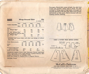 1960's McCall's Wrap Skirt Pattern with pockets - Waist 26-28" - No. 6665