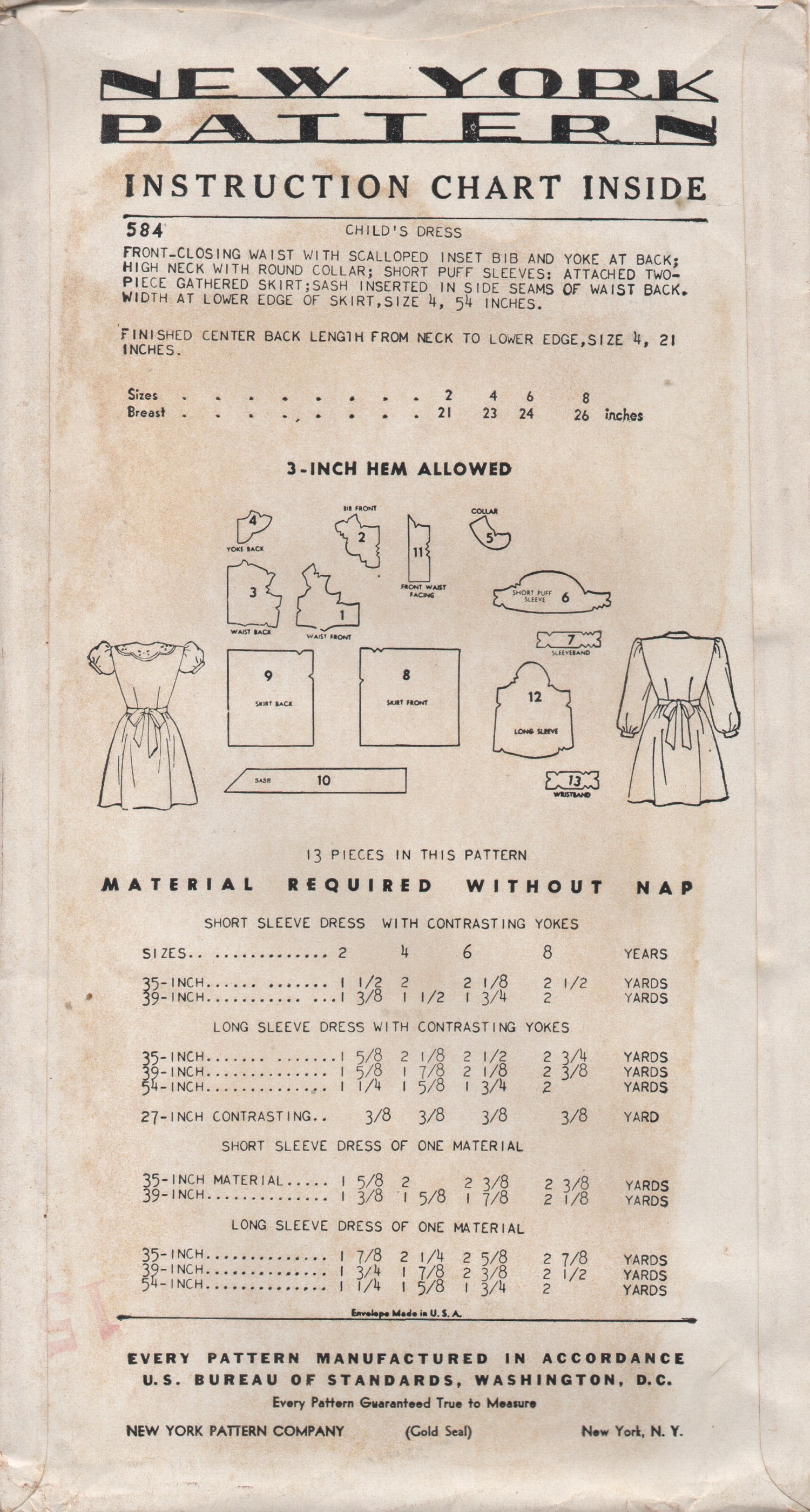 1940's New York One Piece Dress with Scallop Bib Front - Breast 24" - UC/FF - No. 584