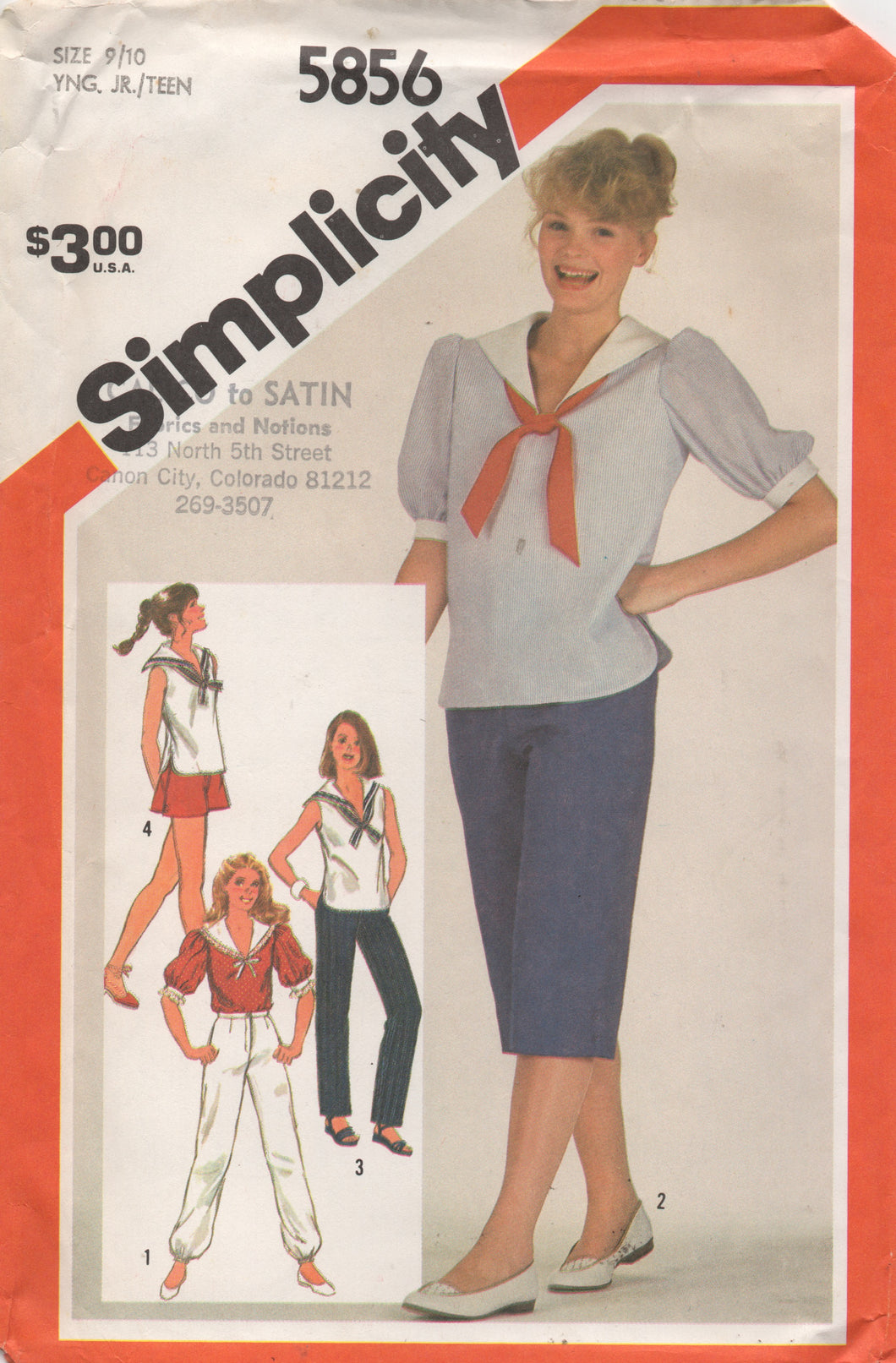 1980's McCall's Sailor Top with Puff SLeeve and Shorts or Pants Pattern - Bust 30.5
