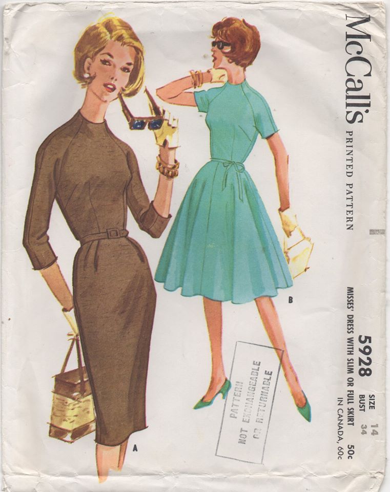 1960's McCall's One Piece Dress with Raglan Sleeve and Two Skirt Styles - Bust 34