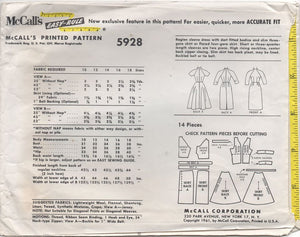 1960's McCall's One Piece Dress with Raglan Sleeve and Two Skirt Styles - Bust 34" - No. 5928