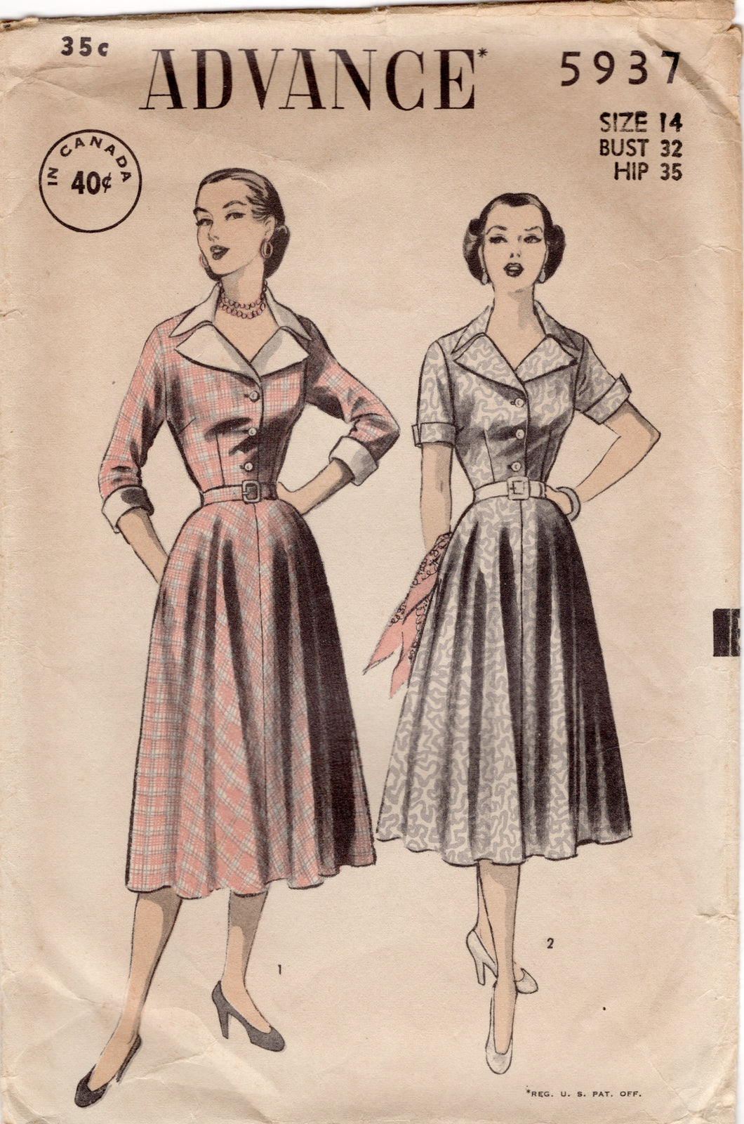 1950's Advance Shirtwaist Dress with Large Collar and Cuffs Pattern - Bust 32