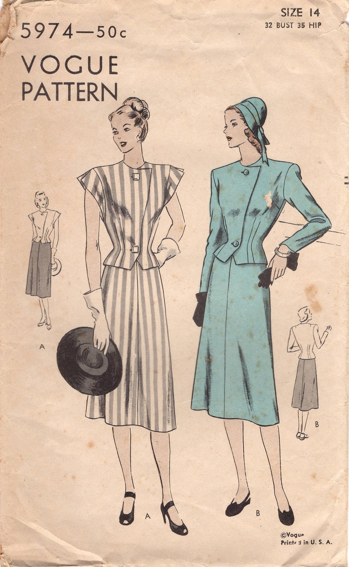 1940's Vogue Two Piece Dress with A line Skirt and Nipped Jacket pattern - Bust 32" - No. 5974