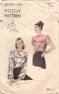 1940's Vogue Large Yoke Blouse with Long or Petal Sleeves - Bust 32" - No. 6036
