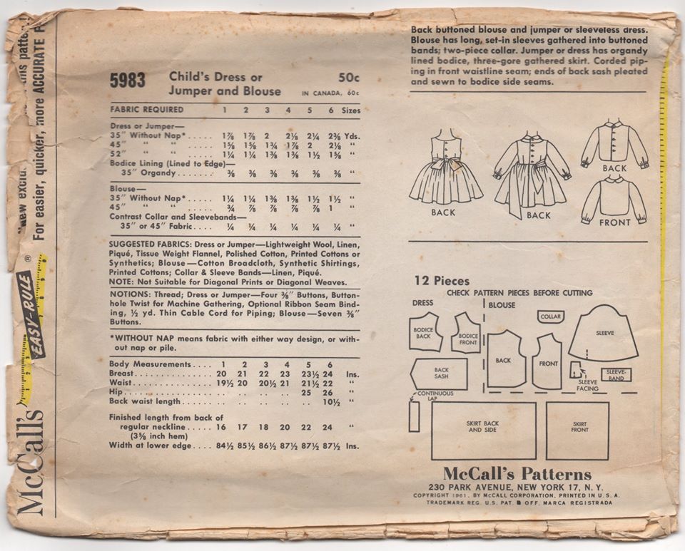 1960's McCall's by Helen Lee Girl's Dress and Blouse Pattern - Bust 22" - No. 5983