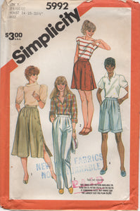 1980's Simplicity High Waisted Pants, Culottes, Shorts in 3 Styles - Waist 24-26.5" - No. 5992