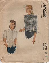 1940's McCall Blouse with Button Front and Bow at Neck - Bust 30" - No. 5998
