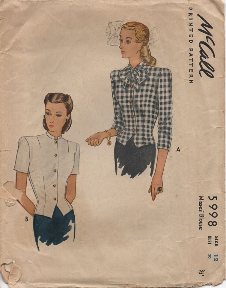 1940's McCall Blouse with Button Front and Bow at Neck - Bust 30