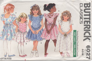 1980's Butterick Child's One Piece Dress drop scoop waist and Ruffle sleeve - Size 1-2-3 - No. 6027