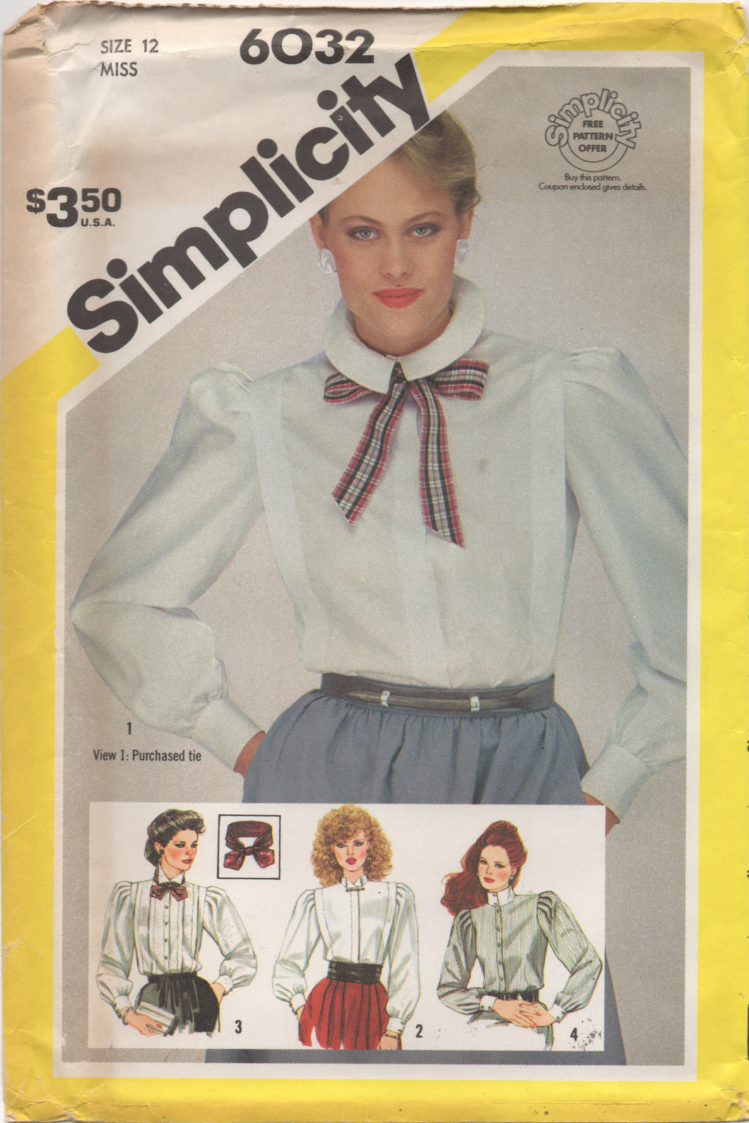 1980's Simplicity Button Up Blouse Pattern with Tucked Front and Puff Long Sleeves and Tie Pattern - Bust 34