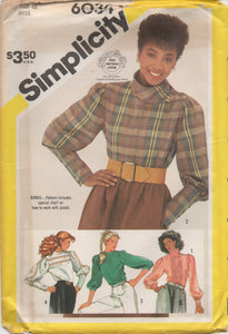 1980's Simplicity Pin Tuck Blouse or Flat Front Blouse with Long Cuff Sleeve - Bust 34" - No. 6034