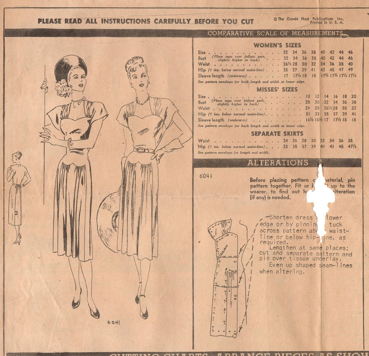 1940's Vogue One Piece Dress with Gathered Yoke and Skirt Front Panels - Bust 30" - No. 6041