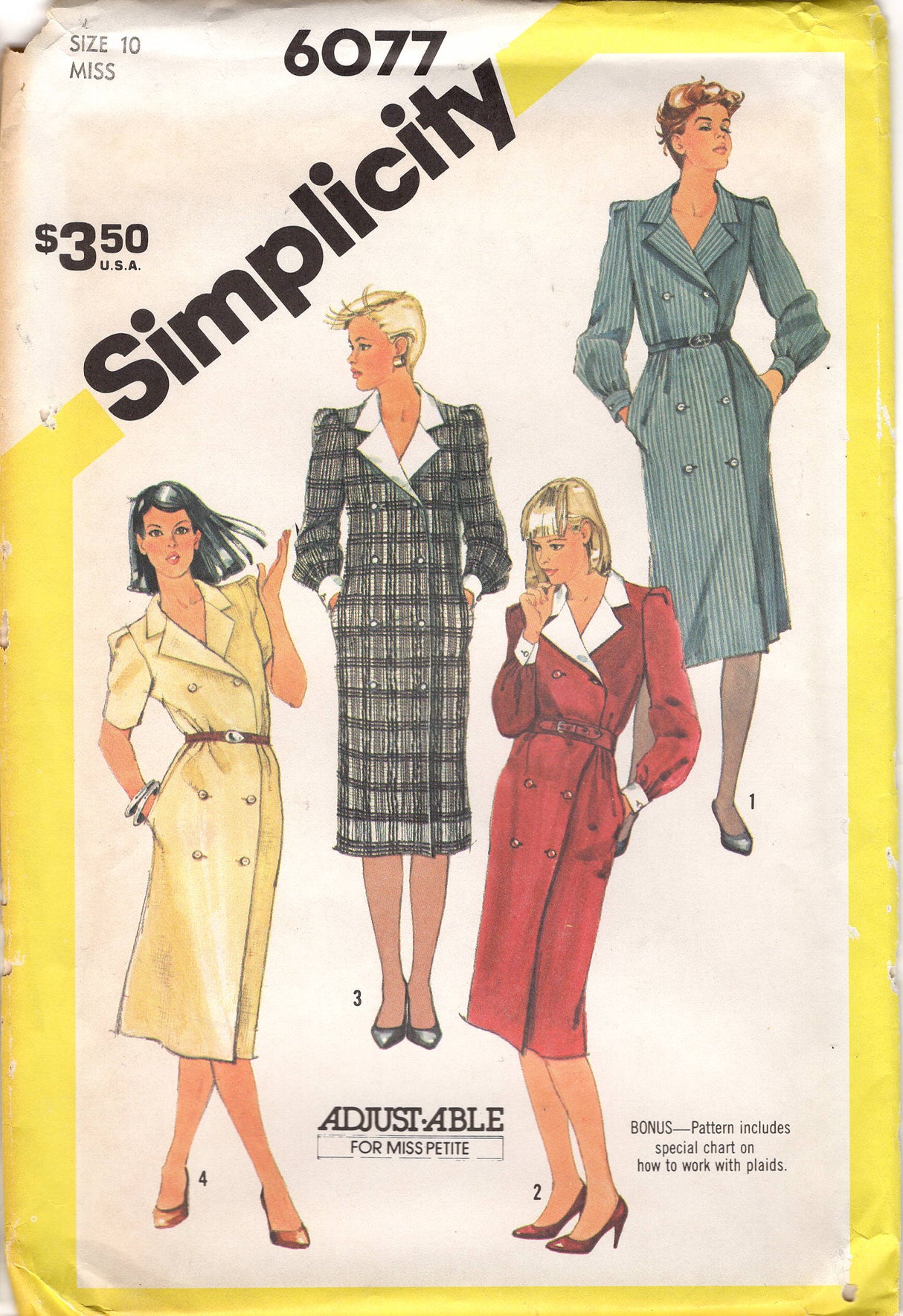 1980's Simplicity Double Breasted Dress Pattern with Long or Short Sleeves - Bust 31.5-32.5" - No. 6077