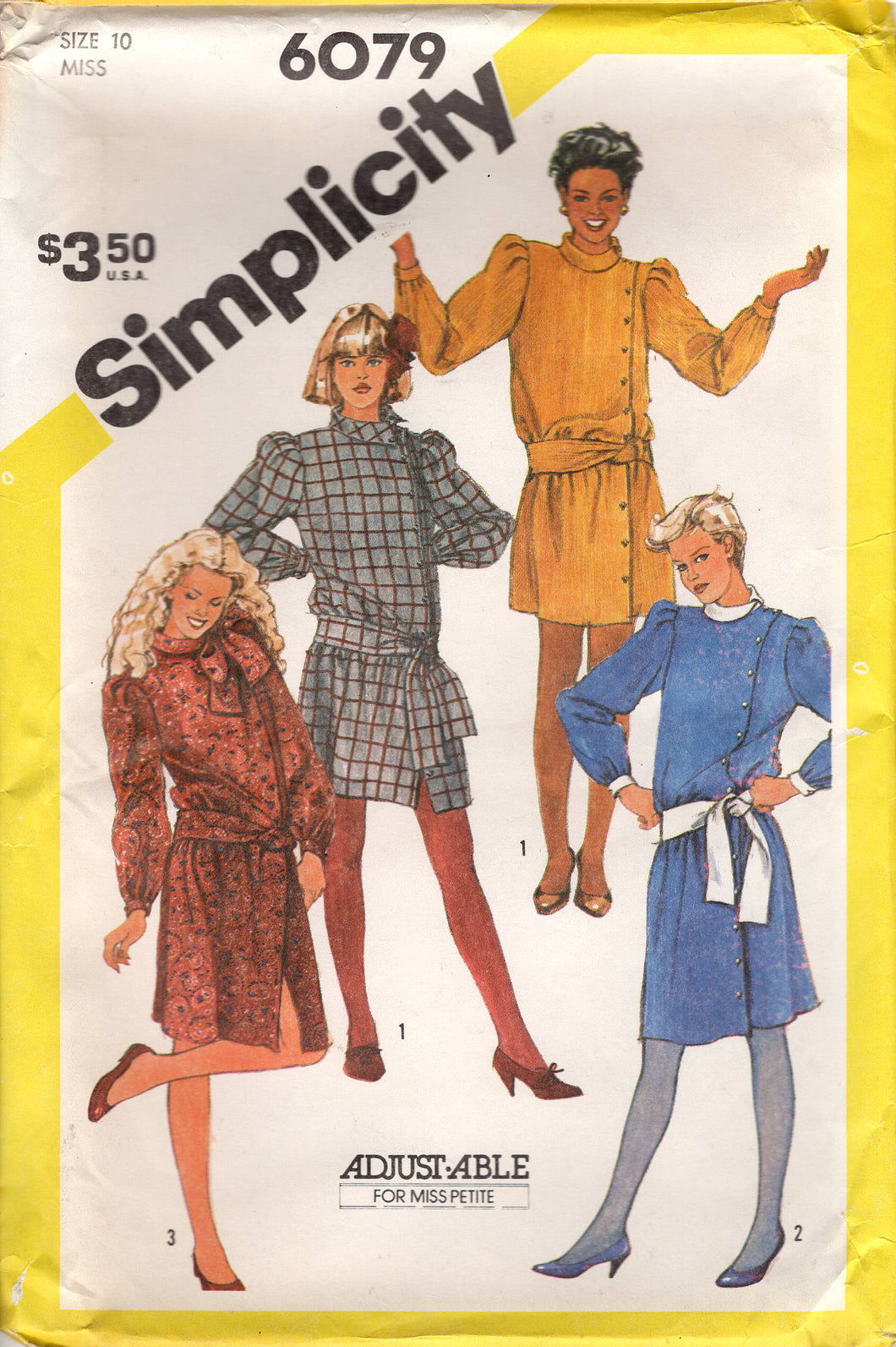 1980's Simplicity Asymmetrical Button Up Dress Pattern with Drop Waist and Bow Collar - Bust 32.5-34