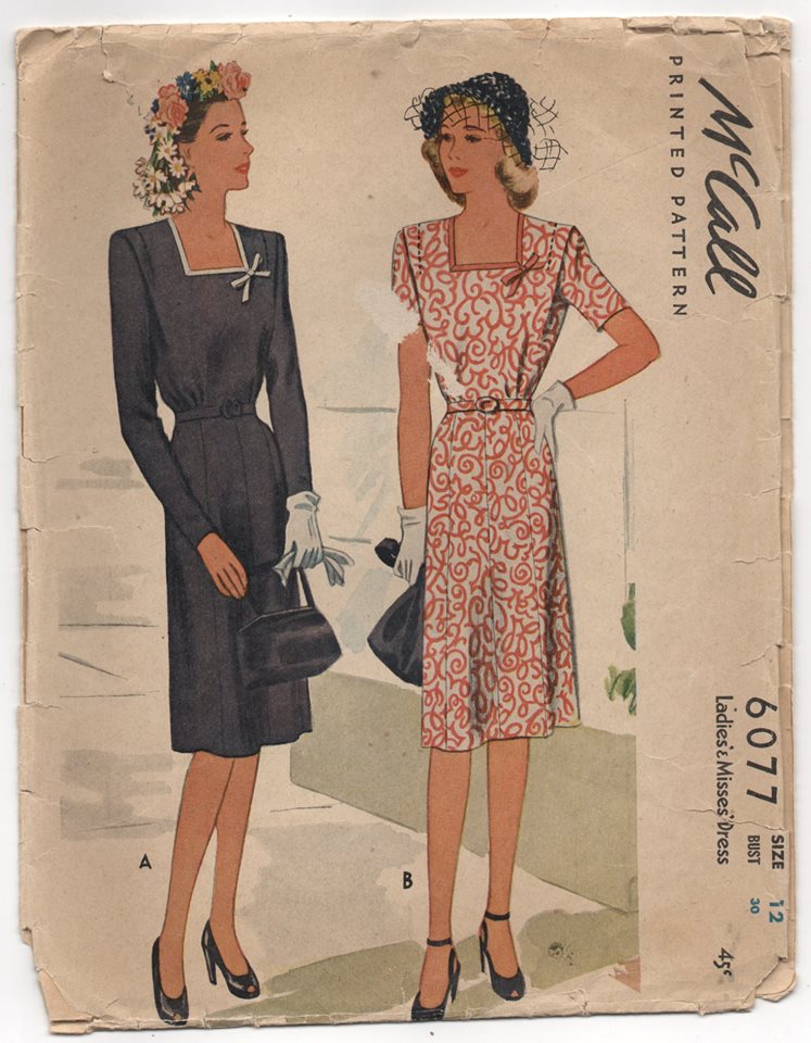 1940's McCall's One Piece Dress with Square neckline and eight-gore skirt - Bust 30