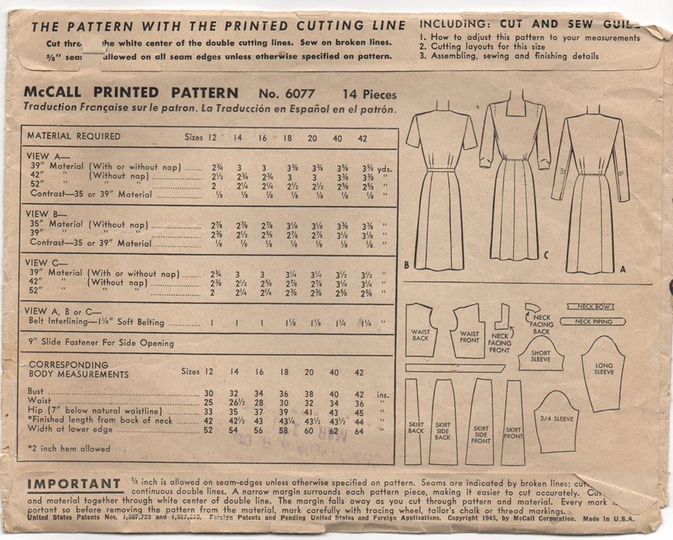 1940's McCall's One Piece Dress with Square neckline and eight-gore skirt - Bust 30" - No. 6077