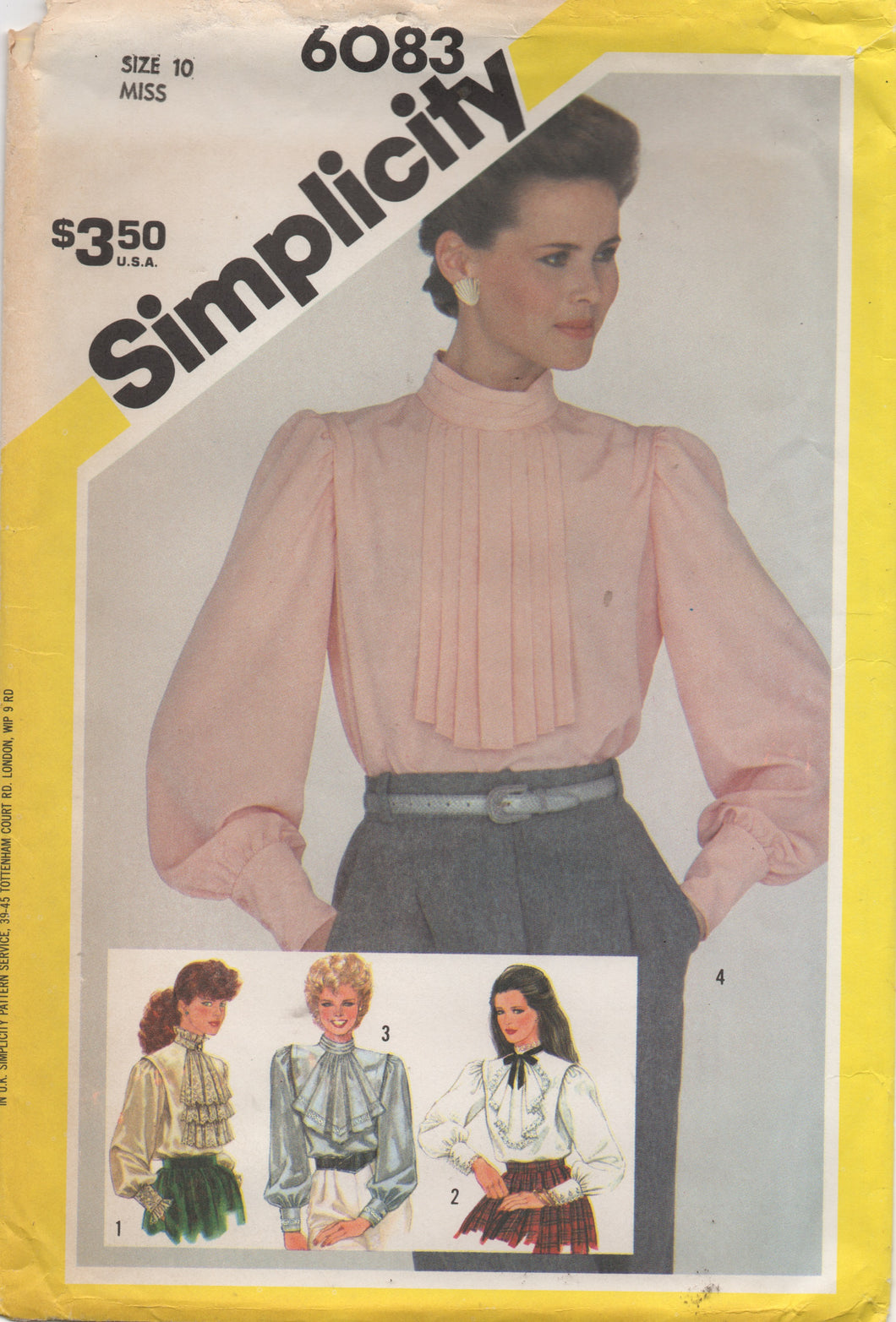 1980's Simplicity Pullover Blouse with Jabot Variations with Long Cuff Sleeve - Bust 32.5
