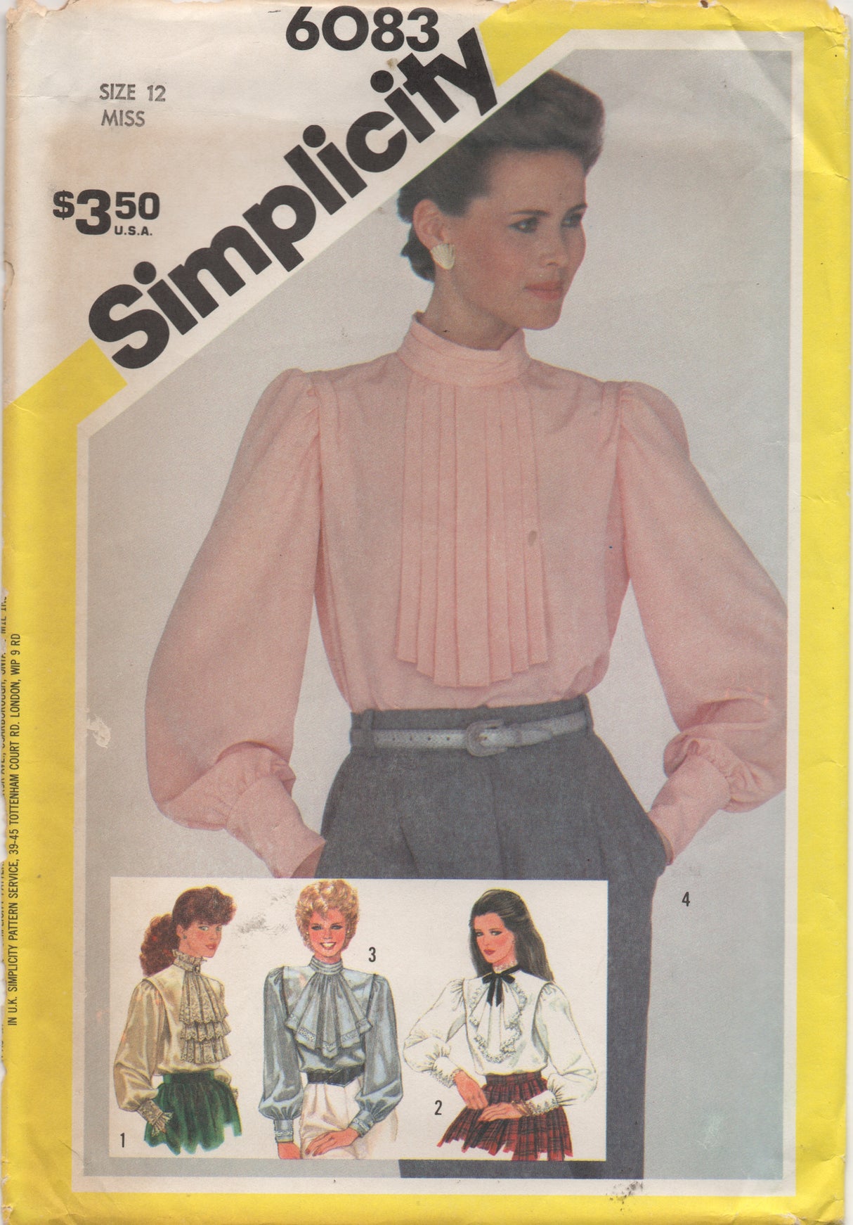 1980's Simplicity Pullover Blouse with Jabot Variations with Long Cuff Sleeve - Bust 34" - No. 6083