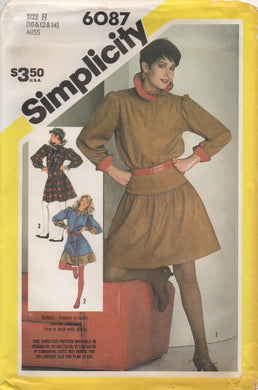 1980's Simplicity Two Piece Mini Dress with Drop Waist Skirt pattern and Sash Oversize Collar - Bust 32.5-34-36