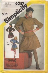 1980's Simplicity Two Piece Mini Dress with Drop Waist Skirt pattern and Sash Oversize Collar - Bust 32.5-34-36" - No. 6087