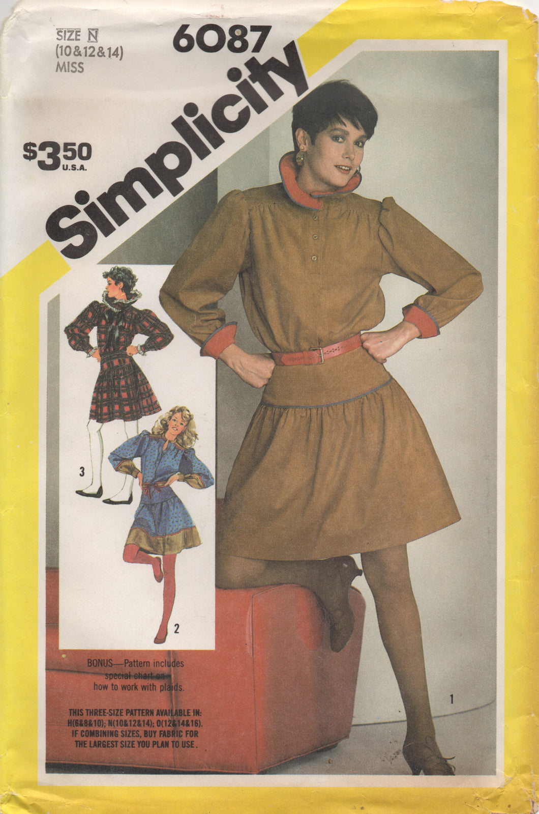1980's Simplicity Two Piece Mini Dress with Drop Waist Skirt pattern and Sash Oversize Collar - Bust 32.5-34-36
