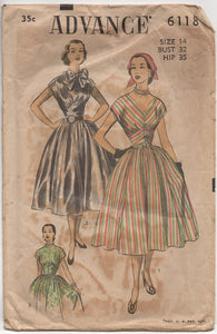 1950's Advance One Piece Dress with Two Necklines and Bow detail pattern - Bust 32" - No. 6118