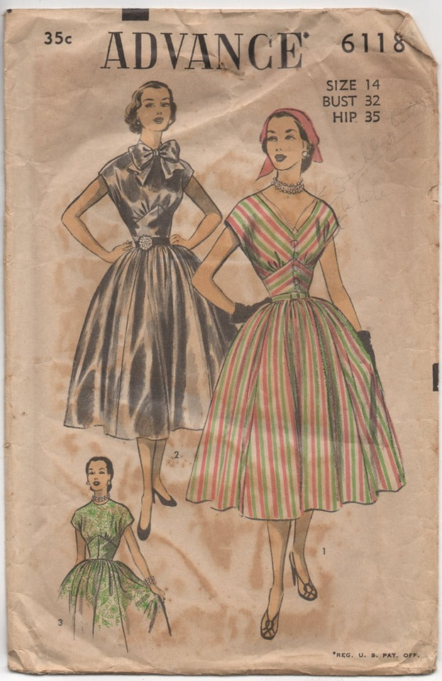 1950's Advance One Piece Dress with Two Necklines and Bow detail pattern - Bust 32