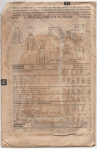 1950's Advance One Piece Dress with Two Necklines and Bow detail pattern - Bust 32" - No. 6118