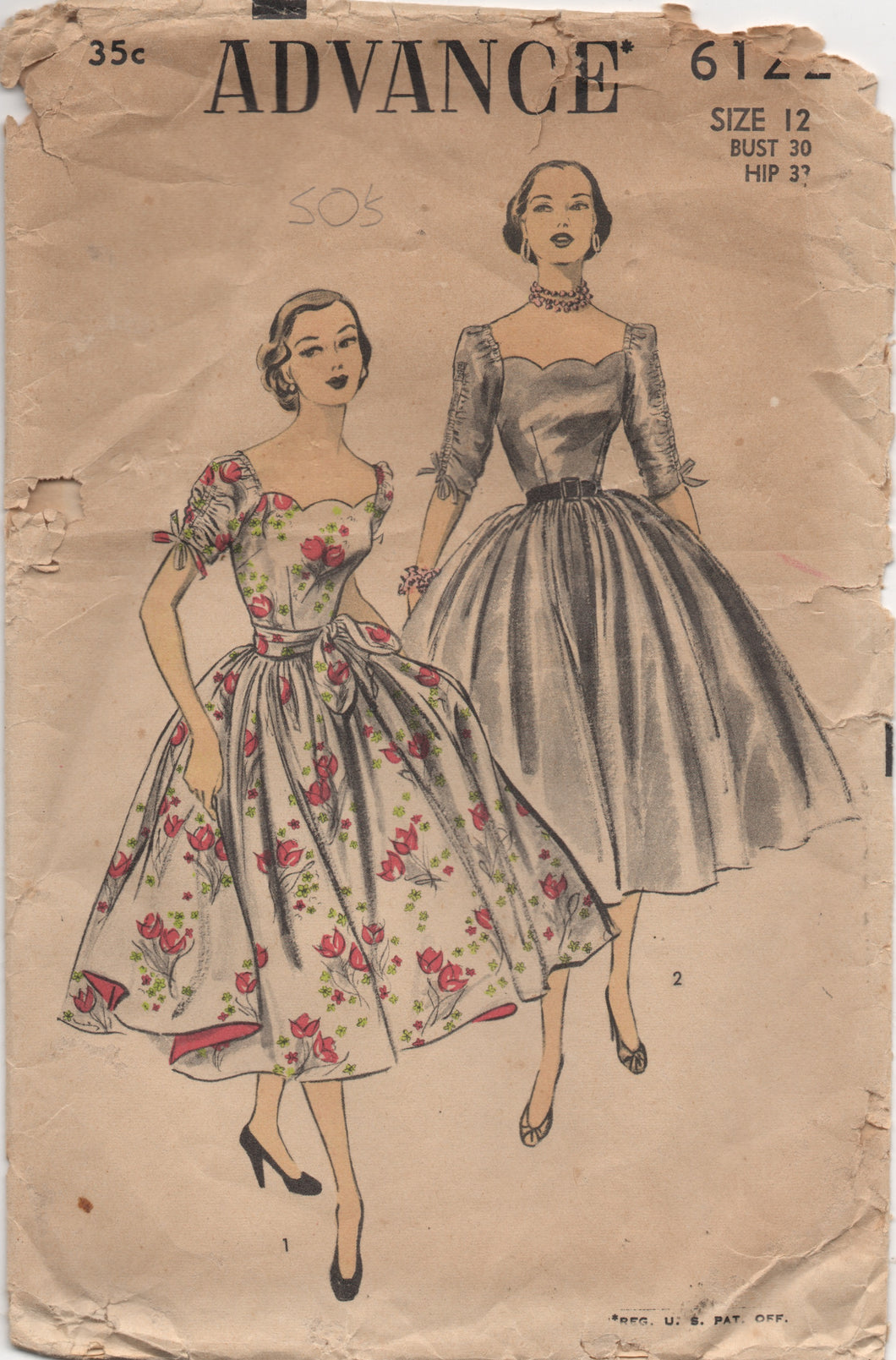 1950's Advance Scallop Neckline Evening Dress Pattern with full skirt and gathered sleeves - Bust 30