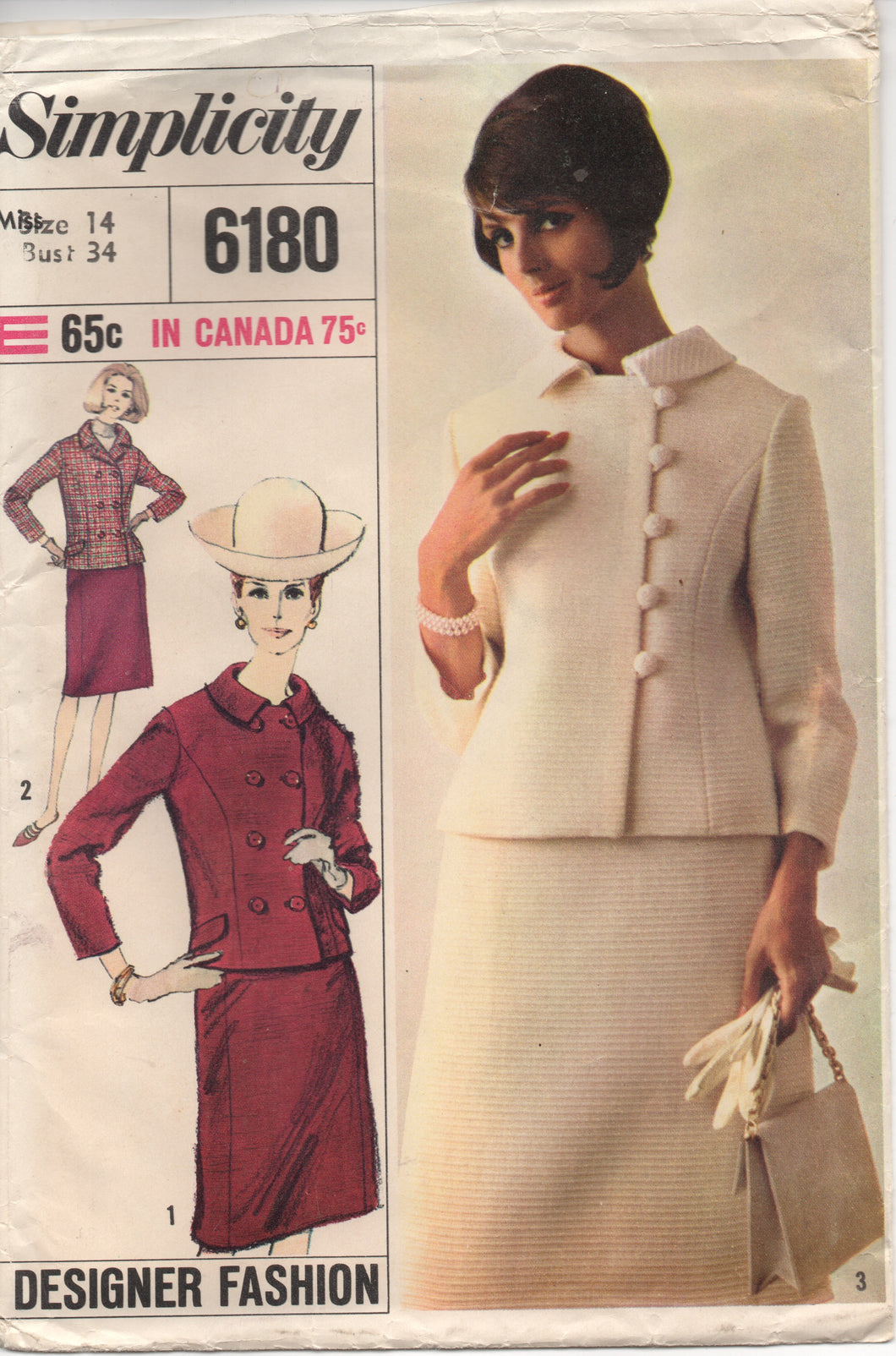 1960's Simplicity Designer Fashion Two Piece Suit with Princess Line Jacket and Straight skirt- Bust 34