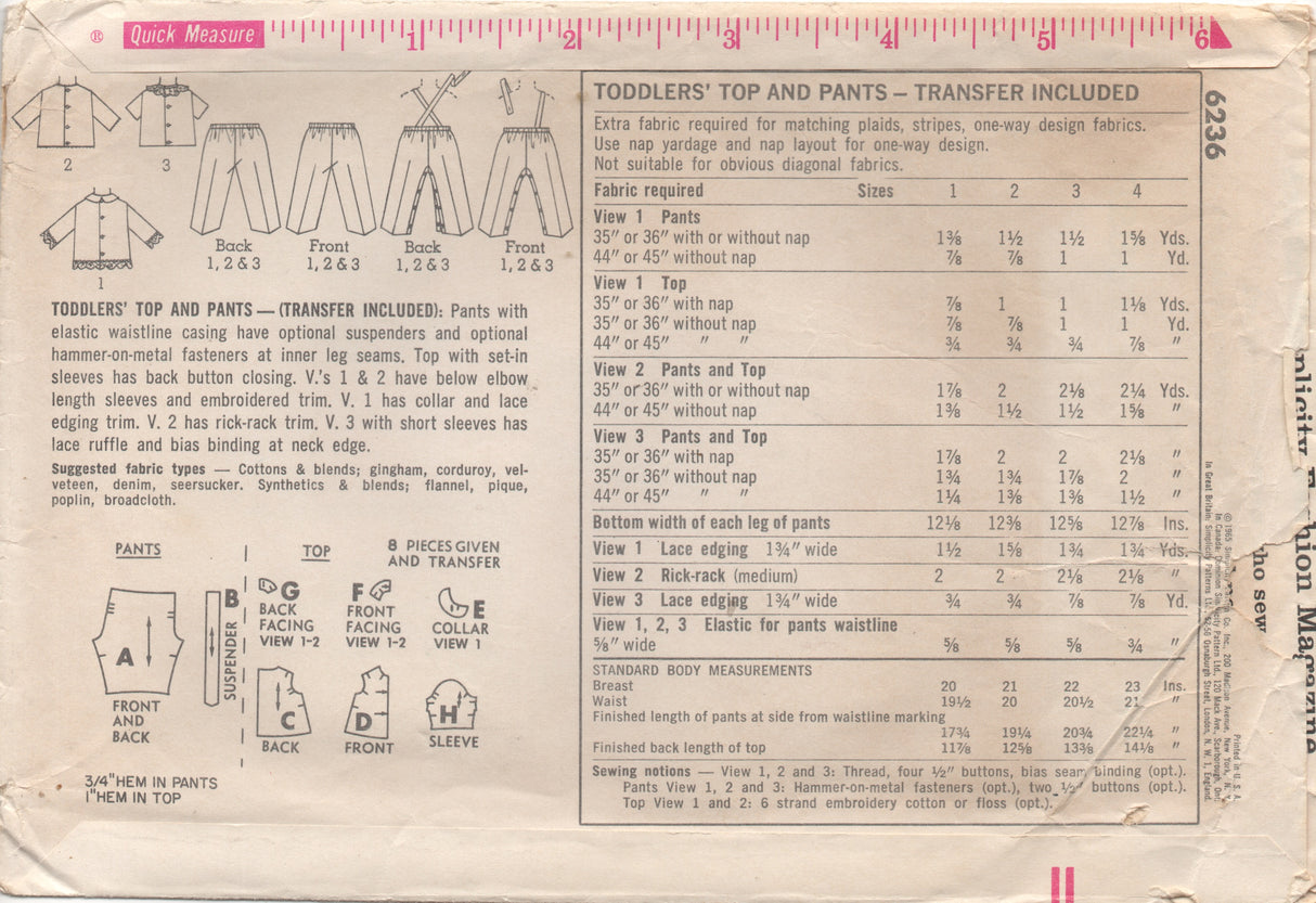 1960's Simplicity Toddler Top with Peter Pan Collar and Suspender pants - Chest 21" - No. 6236