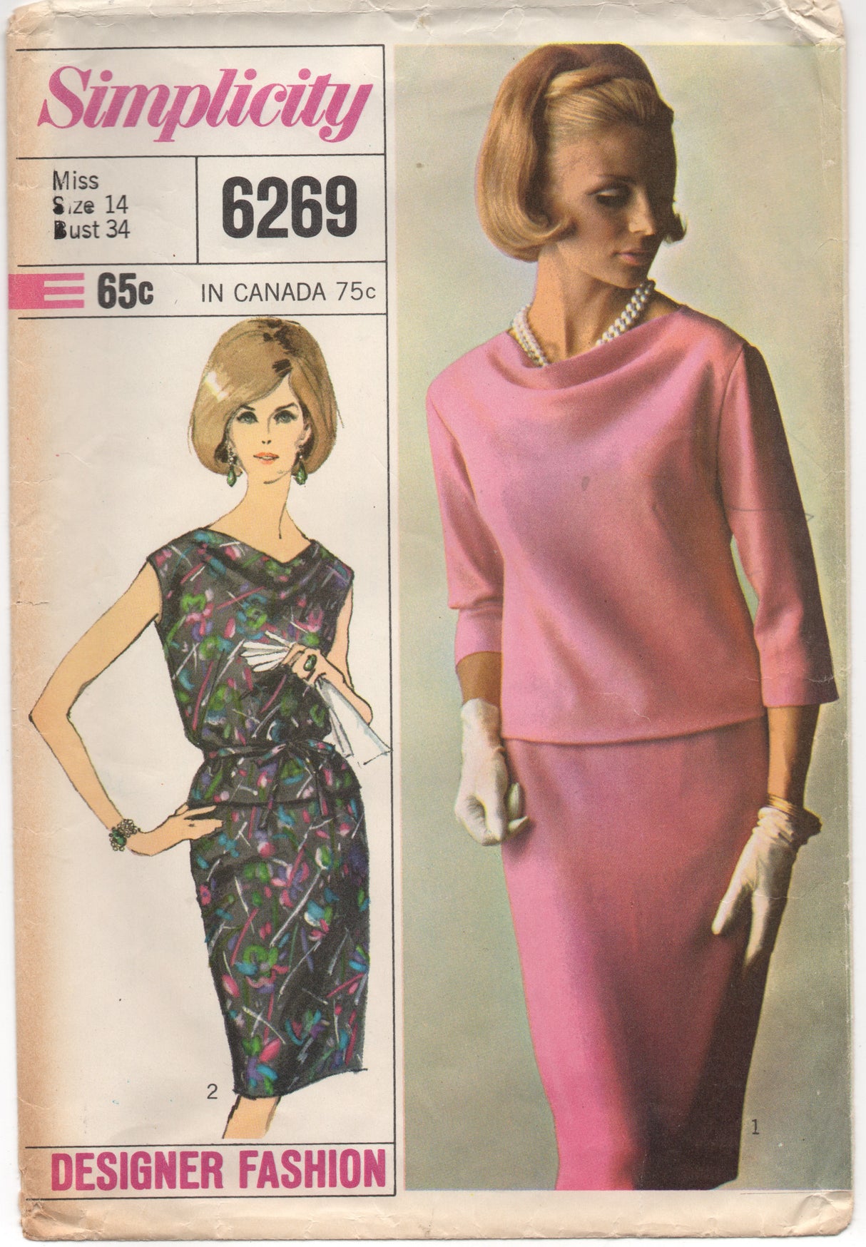 1960's Simplicity Designer Fashion Two Piece Dress with slight cowl neckline - Bust 34" - No. 6269