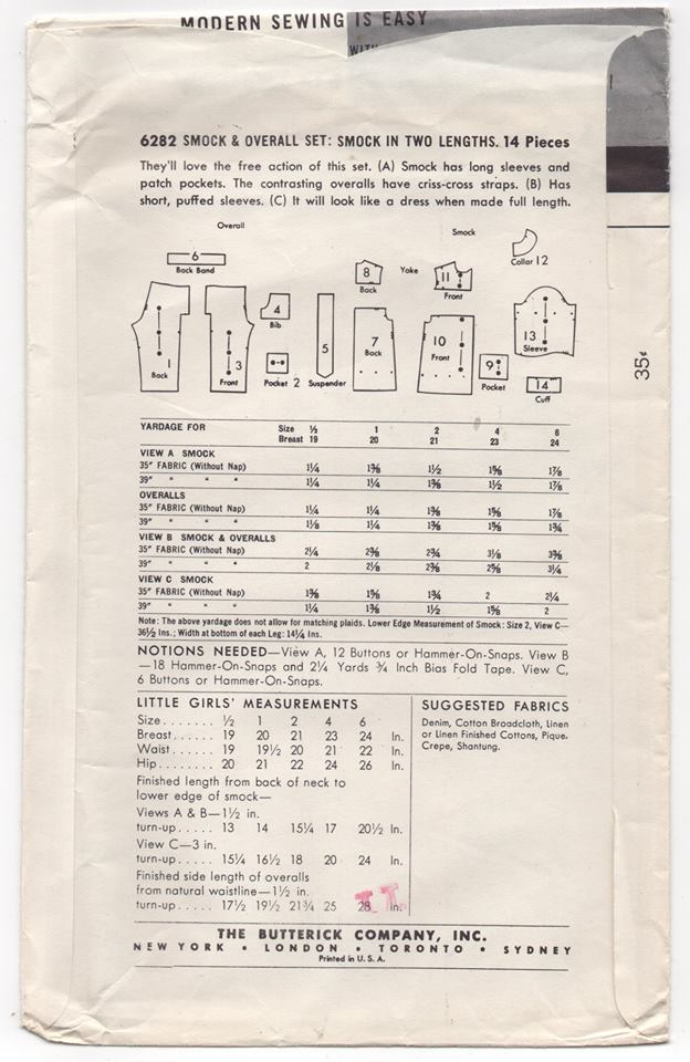 1950's Butterick Toddler Smock and Overalls - 6mo - No. 6282