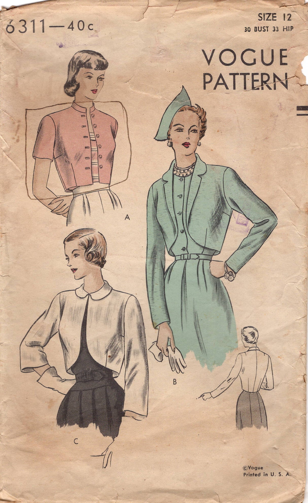 1940's Vogue Bolero in Three Styles pattern - Bust 30" - No. 6311