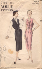 1950's Vogue Fitted One-Piece Day Dress with Gently Tucked Skirt and Deep V Neckline - Bust 34" - No. 7193