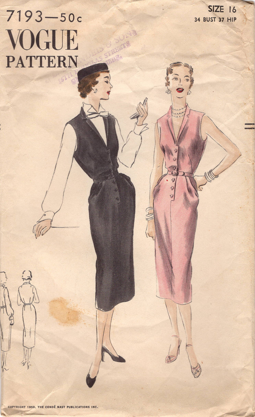 1950's Vogue Fitted One-Piece Day Dress with Gently Tucked Skirt and Deep V Neckline - Bust 34