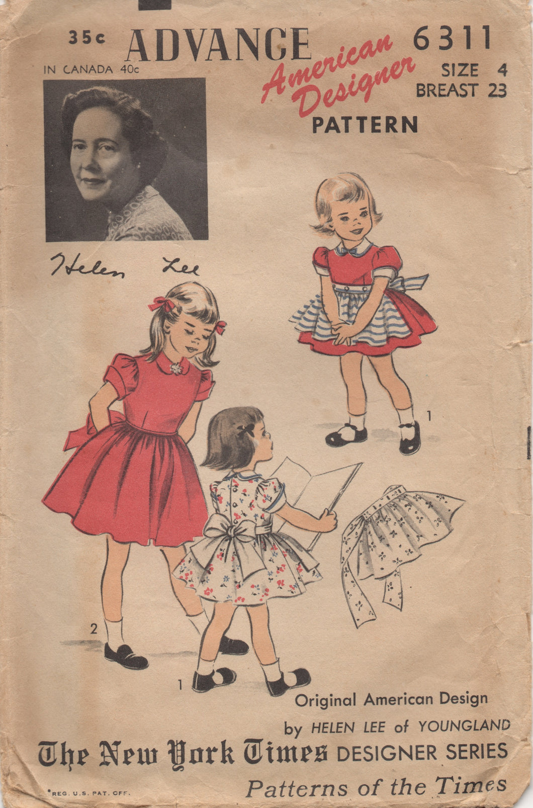 1950's Advance by HELEN LEE Child's One Piece Dress with Peter Pan Collar and Apron - Chest 23