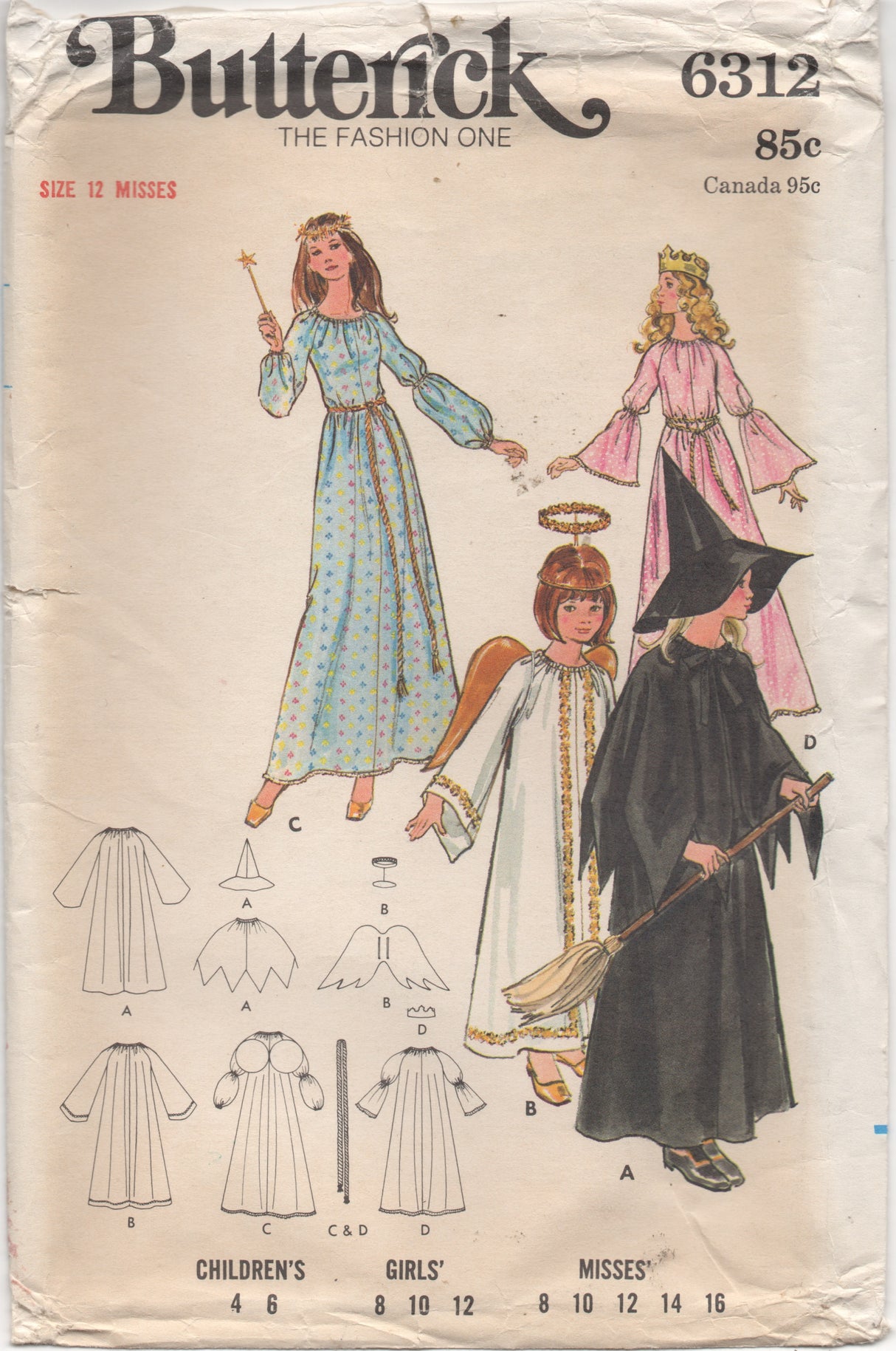 1970's Butterick Angel, Witch, Fairy Godmother and Princess Costume Pattern - Bust 30" - No. 6312