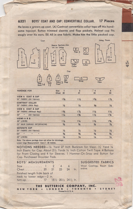 1950's Butterick Boy's Coat and Hat Pattern - 2 years - No. 6321