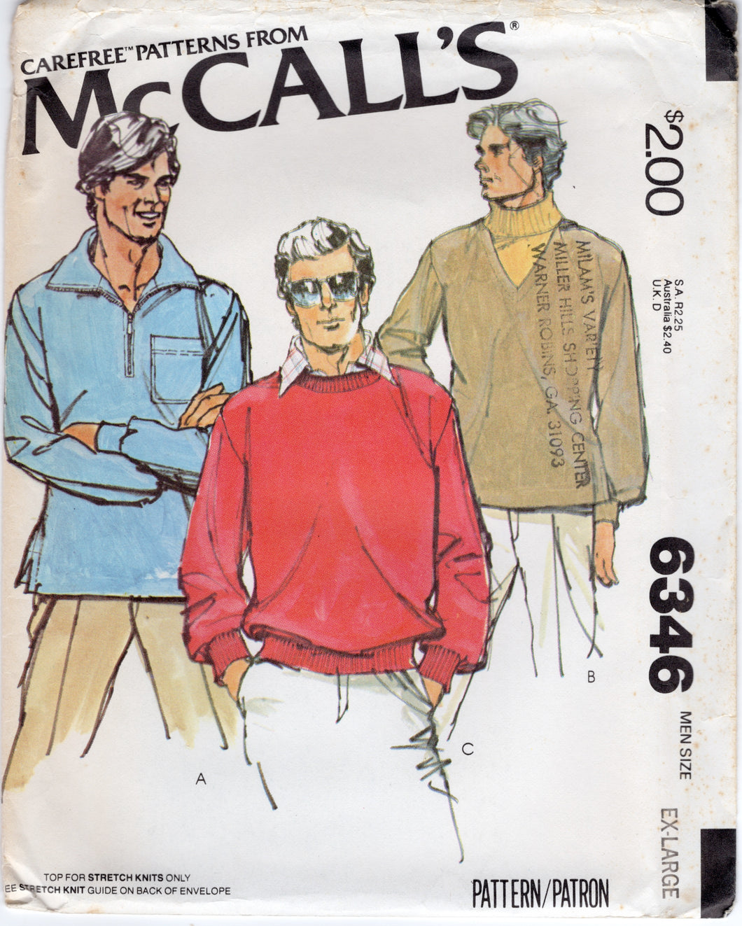 1970's McCall's Men's Pullover Top with Zip or V neck - Chest 46-48