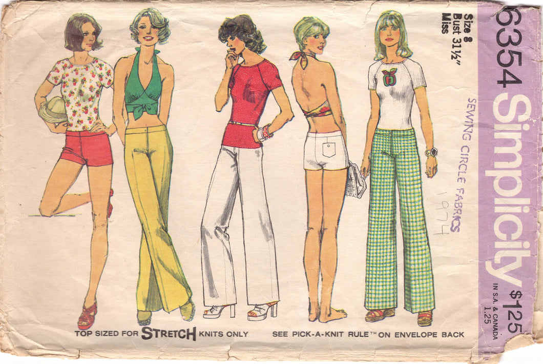 1970's Simplicity Halter Top, Raglan Sleeve Blouse, Shorts or Pnats - Bust 31.5
