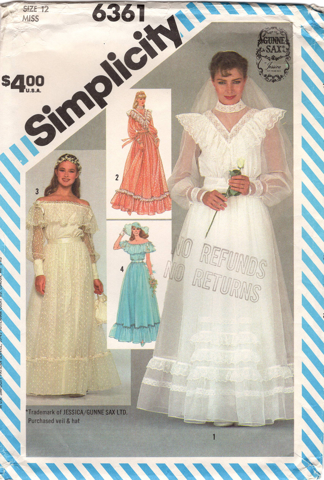 1980's Simplicity GUNNE SAX Prairie Dress or Wedding Dress with High Neckline or Off the Shoulder - Bust 34