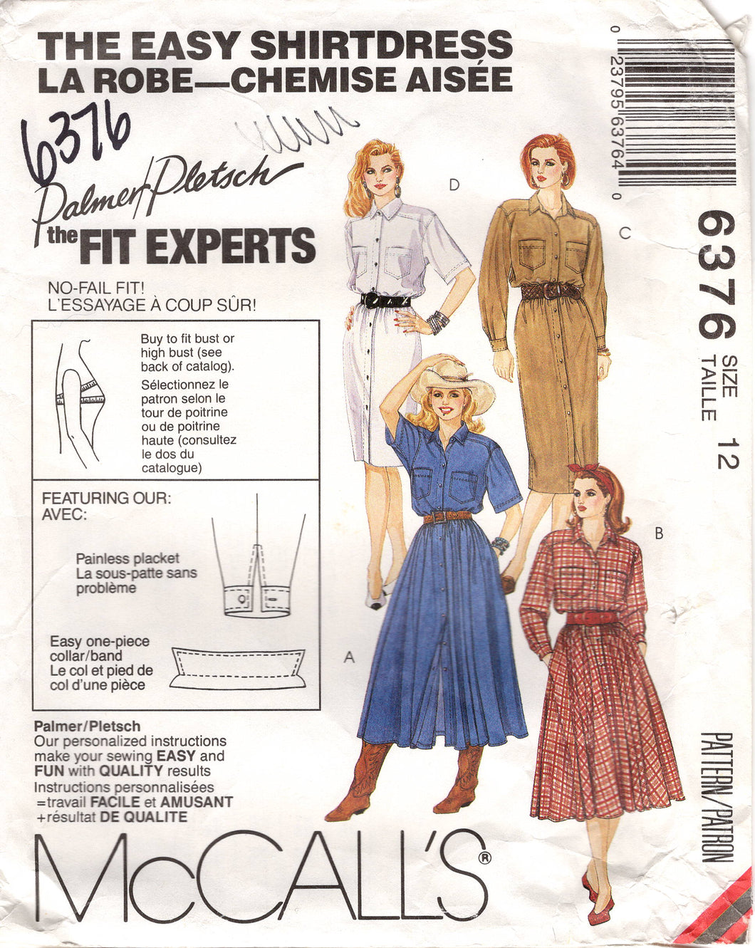 1990's McCall's Button Up Fit and Flare Dress with Gathered or Straight Skirt pattern - Bust 34
