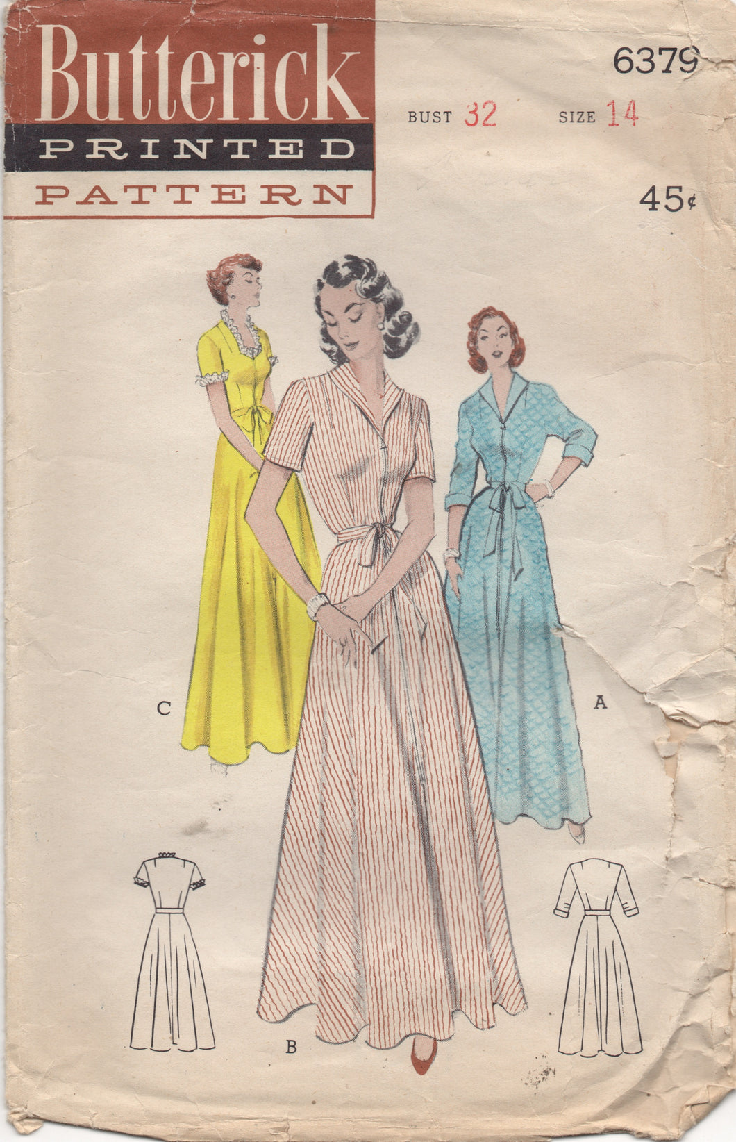 1950's Butterick Full length Robe with tie belt and zip front - Bust 32