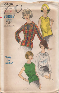 1960's Vogue Blouse with two sleeve-lengths and pockets - Bust 32" - UC/FF - No. 6404