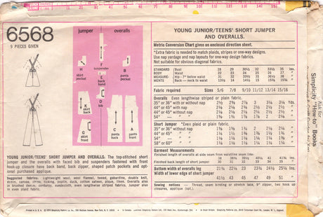 1970's Simplicity Overalls and Overall Jumper - Bust 28-29" - No. 6568