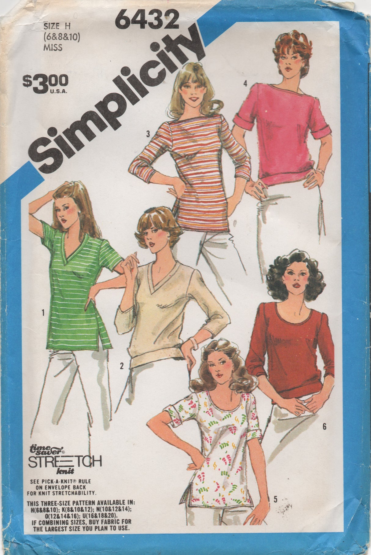 1980's McCall's Set of 6 Pullover Tops Pattern - Bust 30.5-32.5" - no. 6432