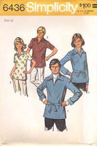 1970's Simplicity Pullover Top with Large Collar Pattern - Bust 38" - no. 6436